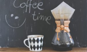 Image for blog sharing tips on writing. Coffee jug and mug infront of a blackborad with 'Coffee Time' and a smiley face drawn on it.