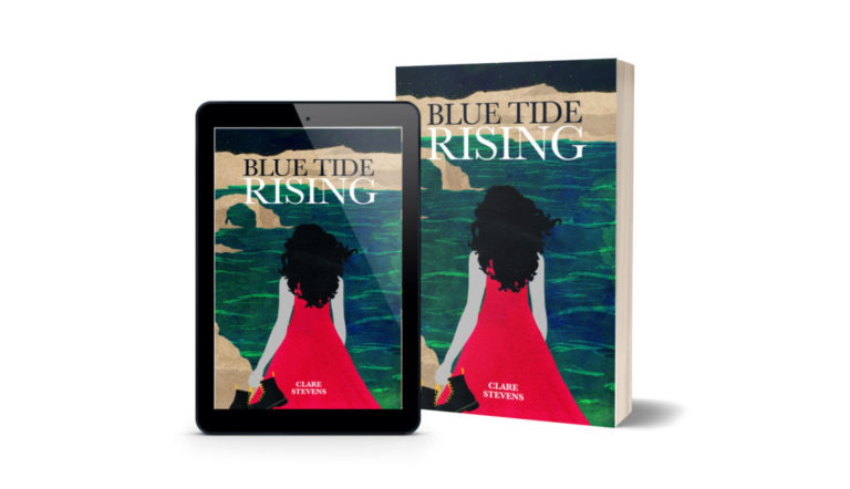Images of book cover for Blue Tide Rising by Clare Stevens - Grpahic of woman with long, dark hair and wearing red dress, with ocean beside her.